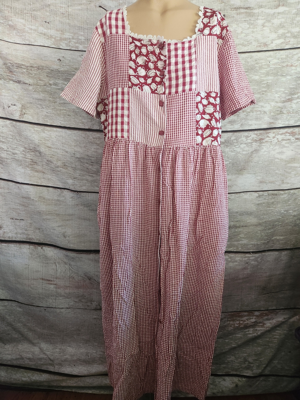 Vintage Red Patchwork Gingham Maxi Dress